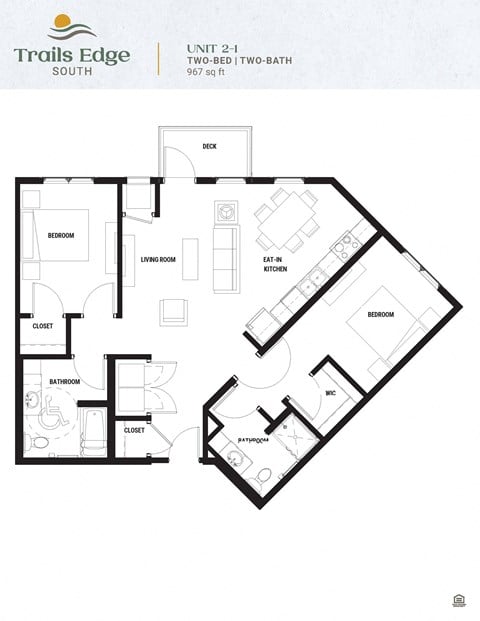 Floor plan for 2 beds, 2 baths, 967 sqft